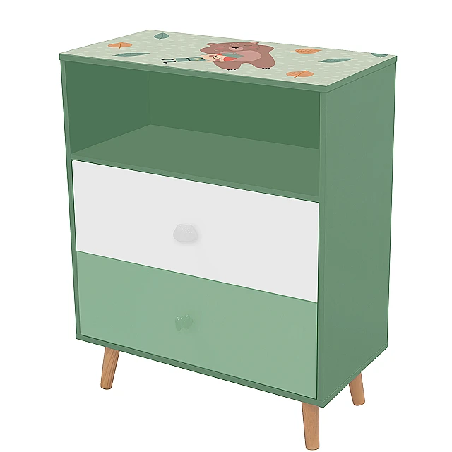 Детски Шкаф за Играчки и Дрехи GINGER HOME, Етажерка с за Детска Стая с 2 чекмеджета, Мече, FOREST