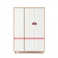 Children's Three-Wing Wardrobe GINGER HOME CHERRY, with Shelves, Hanger Lever and 6 Doors, White, Pink and Natural Wood, 120x60x180 cm