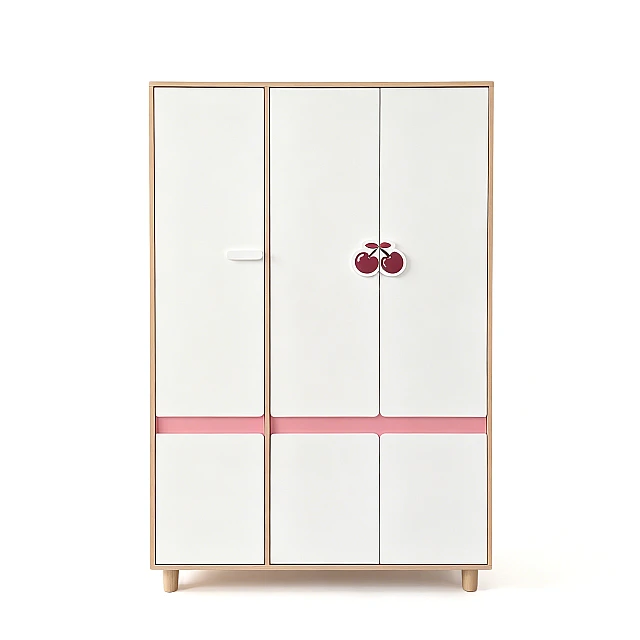 Children's Three-Wing Wardrobe GINGER HOME CHERRY, with Shelves, Hanger Lever and 6 Doors, White, Pink and Natural Wood, 120x60x180 cm