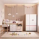 Children's Three-Wing Wardrobe GINGER HOME CHERRY, with Shelves, Hanger Lever and 6 Doors, White, Pink and Natural Wood, 120x60x180 cm