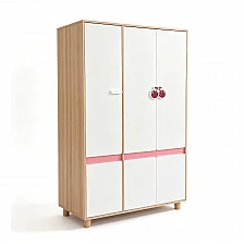 Children's Three-Wing Wardrobe GINGER HOME CHERRY, with Shelves, Hanger Lever and 6 Doors, White, Pink and Natural Wood, 120x60x180 cm
