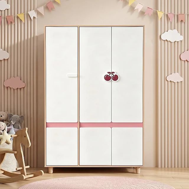 Children's Three-Wing Wardrobe GINGER HOME CHERRY, with Shelves, Hanger Lever and 6 Doors, White, Pink and Natural Wood, 120x60x180 cm