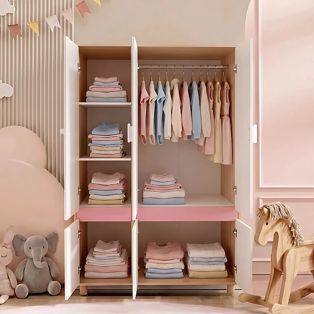 Children's Three-Wing Wardrobe GINGER HOME CHERRY, with Shelves, Hanger Lever and 6 Doors, White, Pink and Natural Wood, 120x60x180 cm