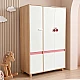 Children's Three-Wing Wardrobe GINGER HOME CHERRY, with Shelves, Hanger Lever and 6 Doors, White, Pink and Natural Wood, 120x60x180 cm