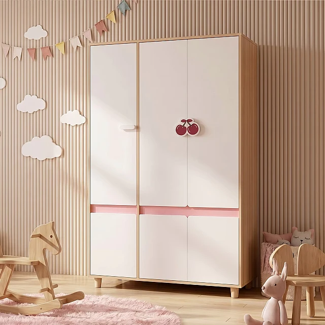Children's Three-Wing Wardrobe GINGER HOME CHERRY, with Shelves, Hanger Lever and 6 Doors, White, Pink and Natural Wood, 120x60x180 cm