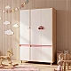 Children's Three-Wing Wardrobe GINGER HOME CHERRY, with Shelves, Hanger Lever and 6 Doors, White, Pink and Natural Wood, 120x60x180 cm