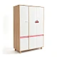 Children's Three-Wing Wardrobe GINGER HOME CHERRY, with Shelves, Hanger Lever and 6 Doors, White, Pink and Natural Wood, 120x60x180 cm