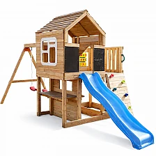 Голяма Детска Дървена Къщичка GINGER HOME за Двор с Пързалка, 2 Люлки, Катерушка и Пясъчник – 250×150×267 см