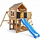 Голяма Детска Дървена Къщичка GINGER HOME за Двор с Пързалка, 2 Люлки, Катерушка и Пясъчник – 250×150×267 см