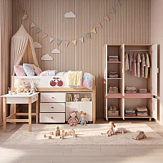 GINGER HOME CHERRY Children's Room Set with Combined Bed 90x200 cm, Desk, Chest of Drawers, Cabinet and Three-Wing Wardrobe, White, Pink and Natural Wood