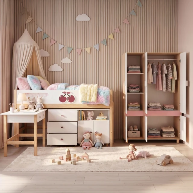 GINGER HOME CHERRY Children's Room Set with Combined Bed 90x200 cm, Desk, Chest of Drawers, Cabinet and Three-Wing Wardrobe, White, Pink and Natural Wood