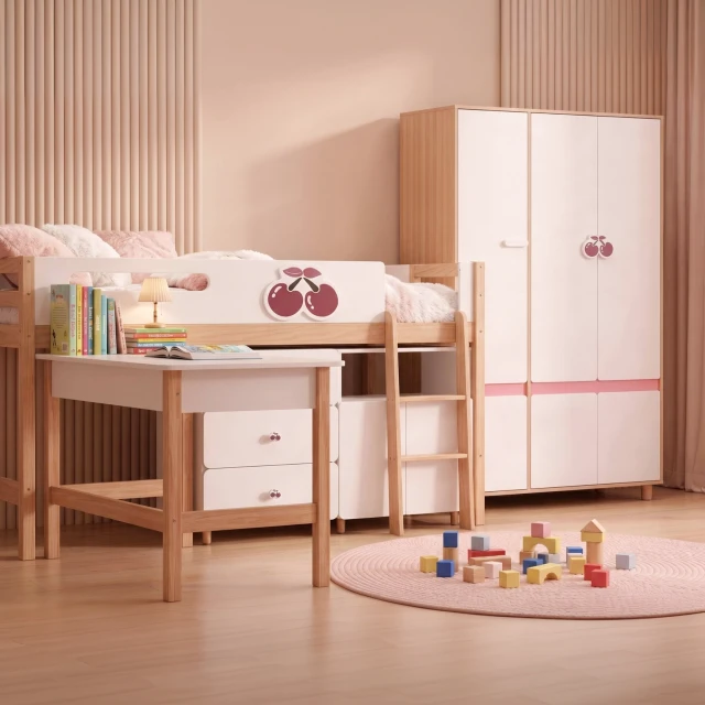 GINGER HOME CHERRY Children's Room Set with Combined Bed 90x200 cm, Desk, Chest of Drawers, Cabinet and Three-Wing Wardrobe, White, Pink and Natural Wood