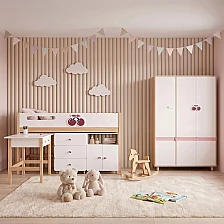 GINGER HOME CHERRY Children's Room Set with Combined Bed 90x200 cm, Desk, Chest of Drawers, Cabinet and Three-Wing Wardrobe, White, Pink and Natural Wood