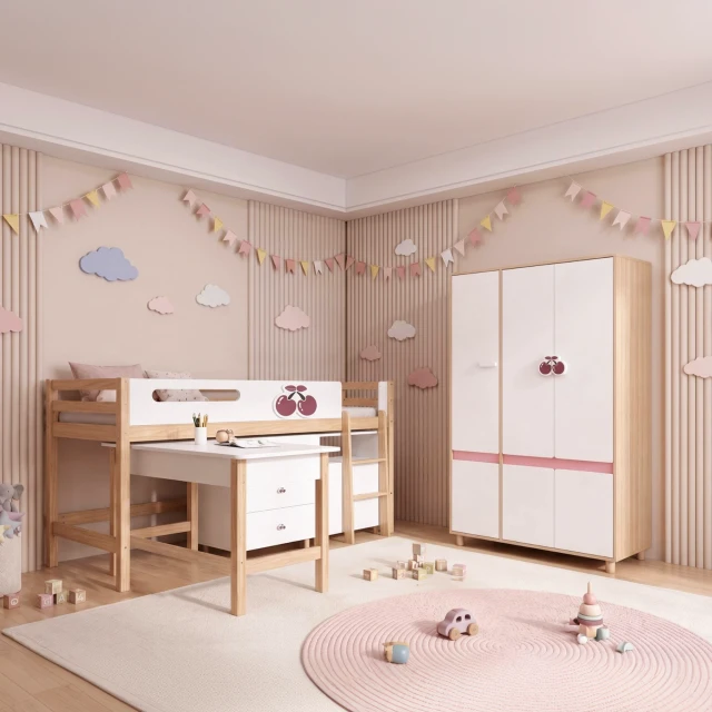 GINGER HOME CHERRY Children's Room Set with Combined Bed 90x200 cm, Desk, Chest of Drawers, Cabinet and Three-Wing Wardrobe, White, Pink and Natural Wood