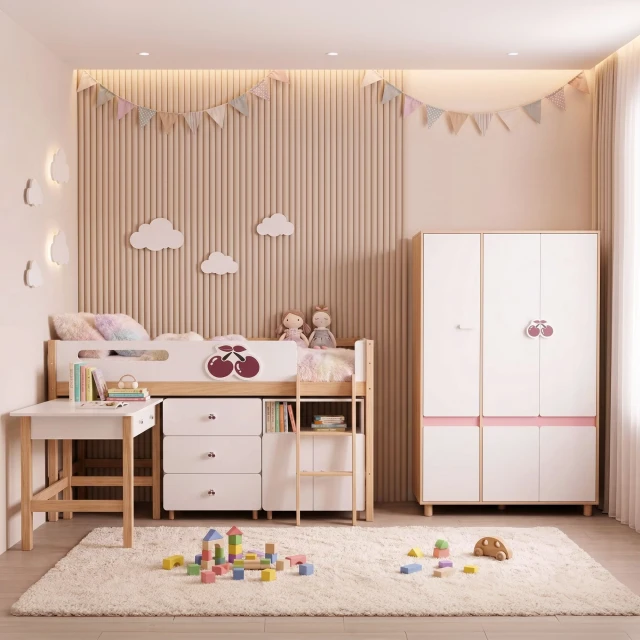 GINGER HOME CHERRY Children's Room Set with Combined Bed 90x200 cm, Desk, Chest of Drawers, Cabinet and Three-Wing Wardrobe, White, Pink and Natural Wood