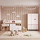 GINGER HOME CHERRY Children's Room Set with Combined Bed 90x200 cm, Desk, Chest of Drawers, Cabinet and Three-Wing Wardrobe, White, Pink and Natural Wood