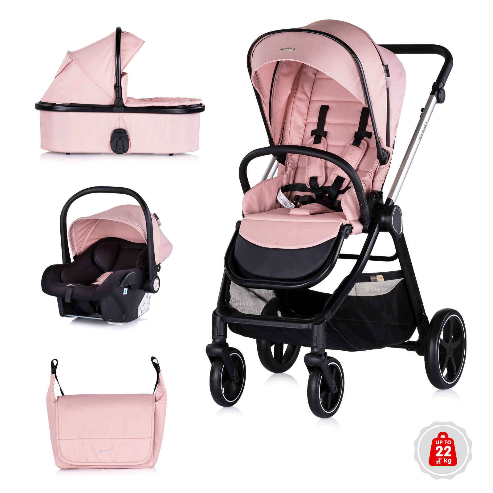 Baby stroller 3 in 1 "Marbella" pink marshmallow