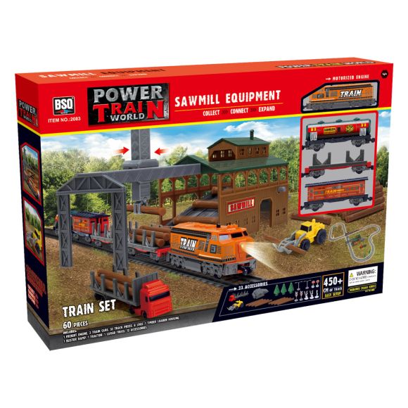 POWER TRAIN A freight train with a sawmill