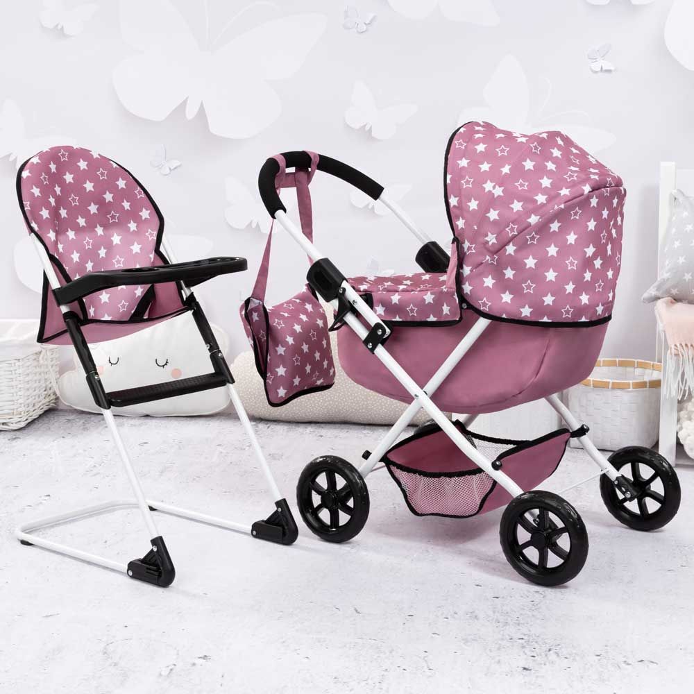 BAYER Doll stroller with COSY bag and high chair pink