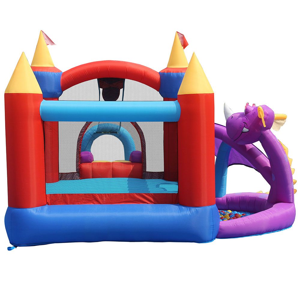 HAPPY HOP Батут замък с дракон, топки и помпа 350x350x245