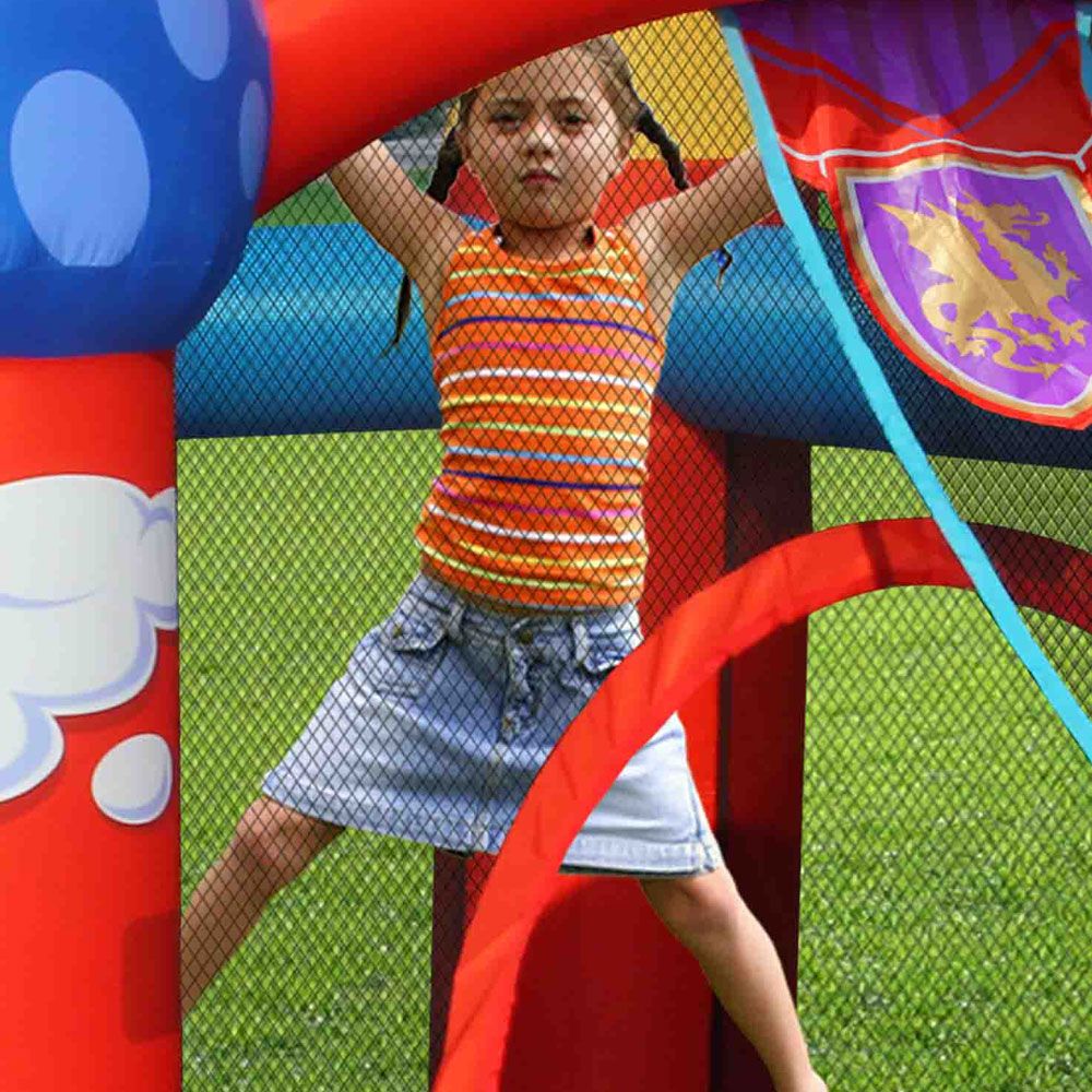 HAPPY HOP Батут замък с дракон, топки и помпа 350x350x245