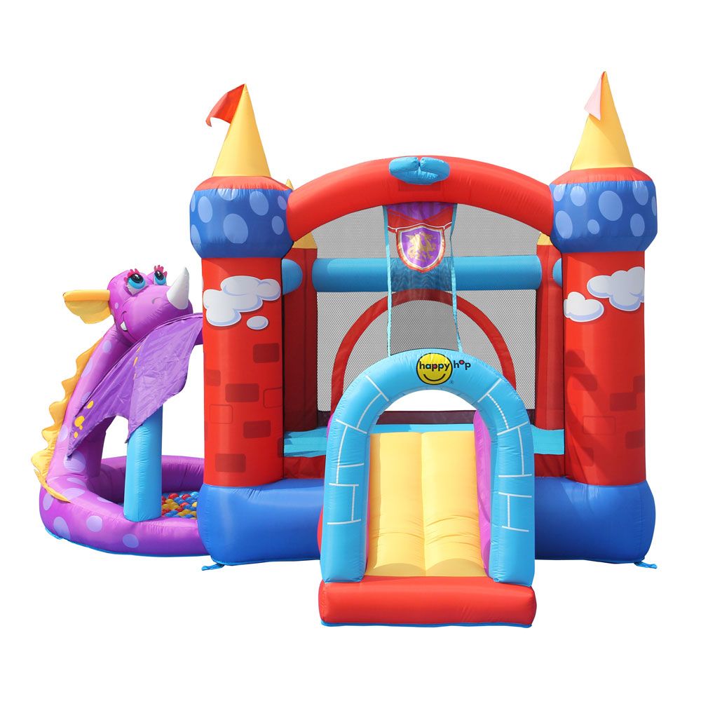 HAPPY HOP Батут замък с дракон, топки и помпа 350x350x245