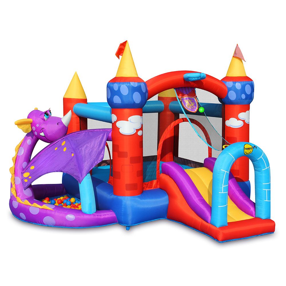 HAPPY HOP Батут замък с дракон, топки и помпа 350x350x245
