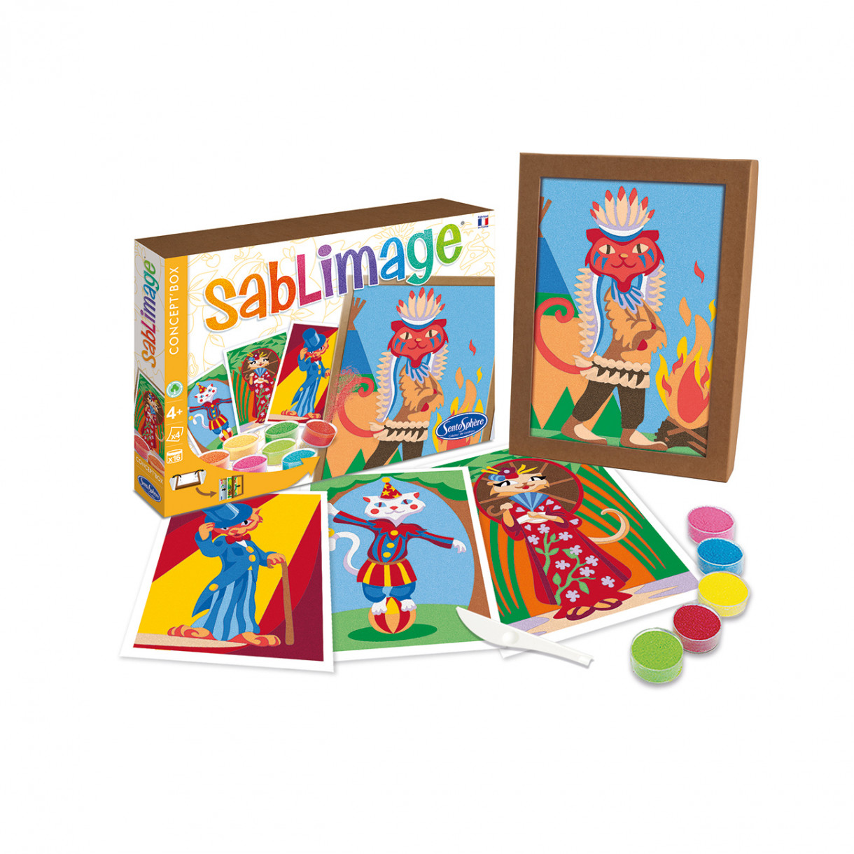 Paint with colored sand cats in costumes