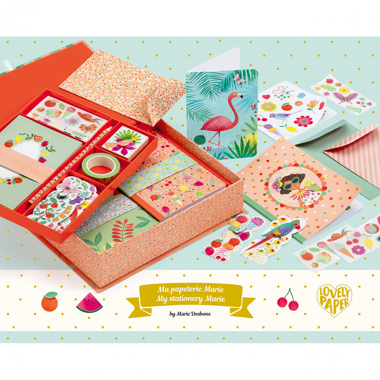 A box of Marie cards, stickers and notebooks