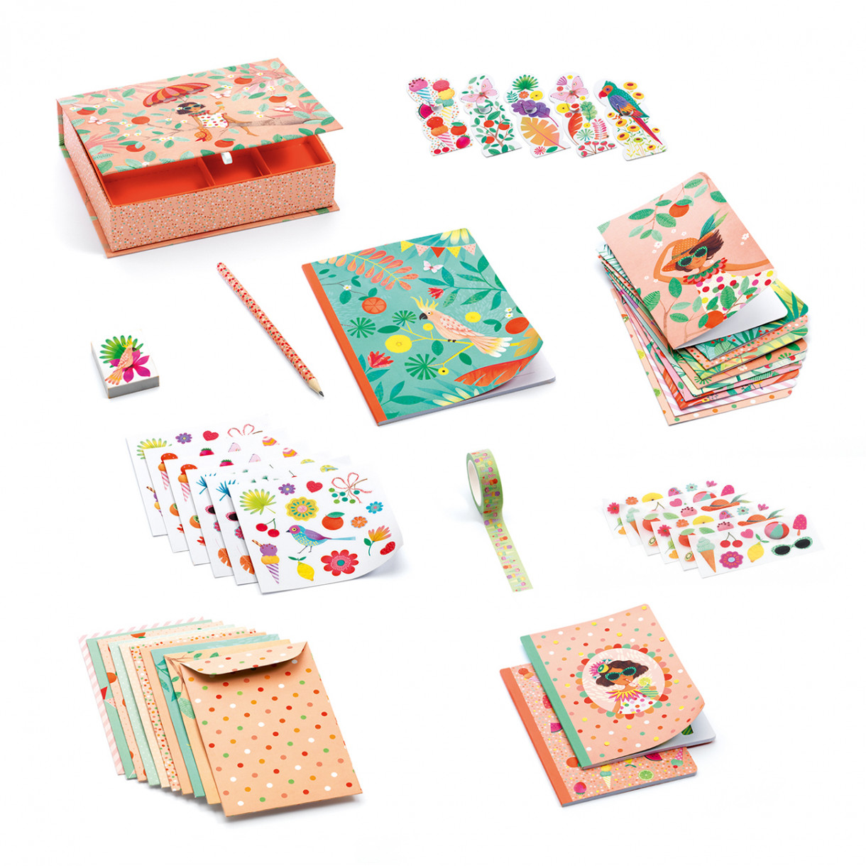 A box of Marie cards, stickers and notebooks