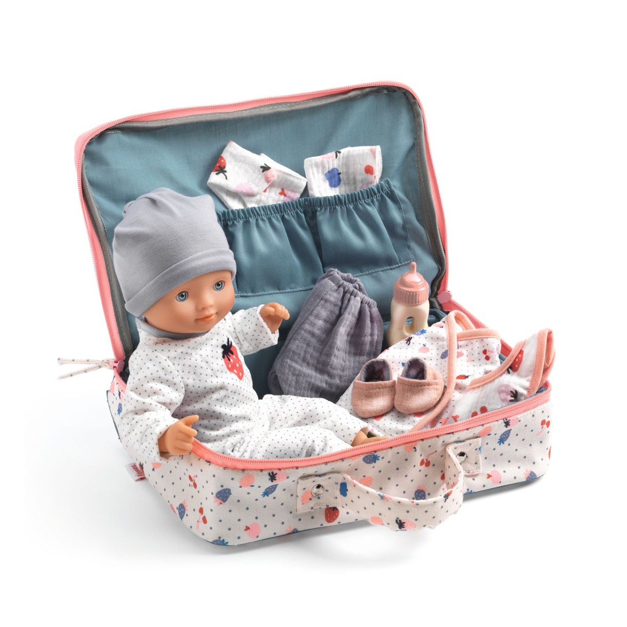 Baby doll toy in a suitcase with clothes and accessories