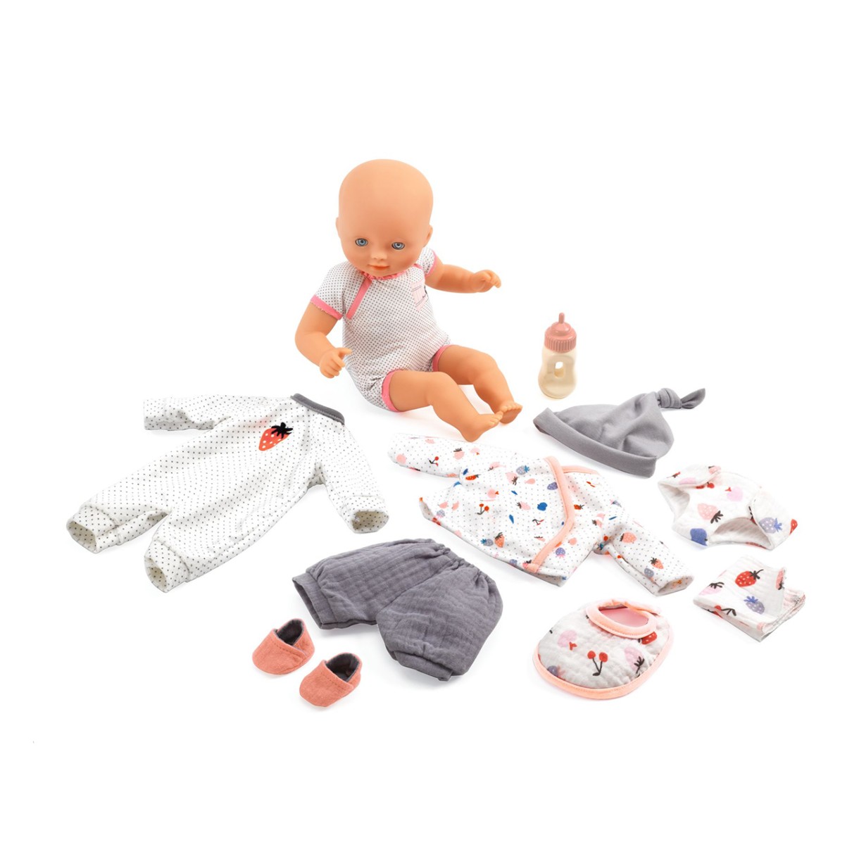 Baby doll toy in a suitcase with clothes and accessories