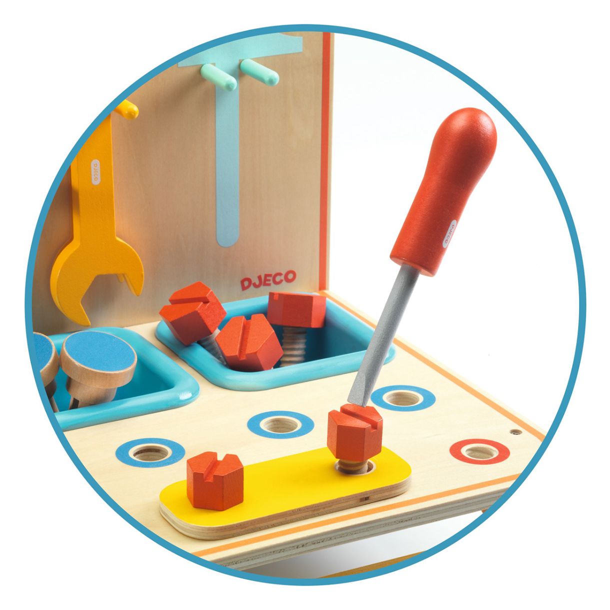 Toy wooden table with tools