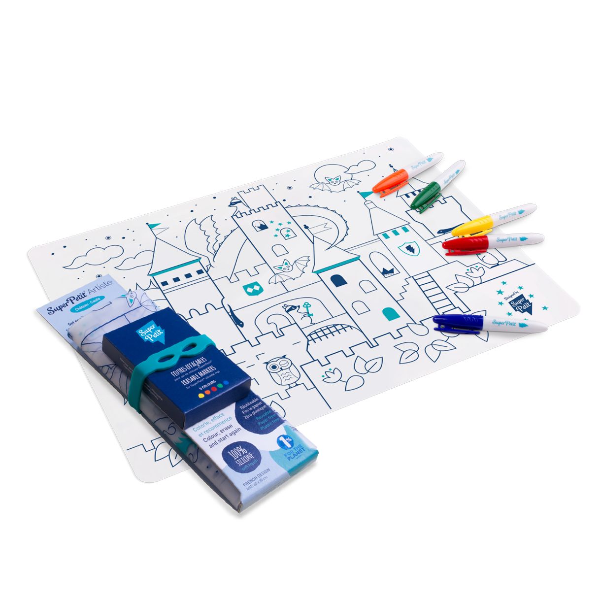 Silicone coloring pad with 5 markers and castle bracelet