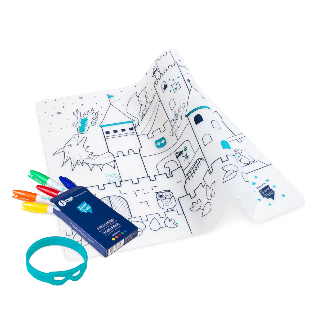 Silicone coloring pad with 5 markers and castle bracelet