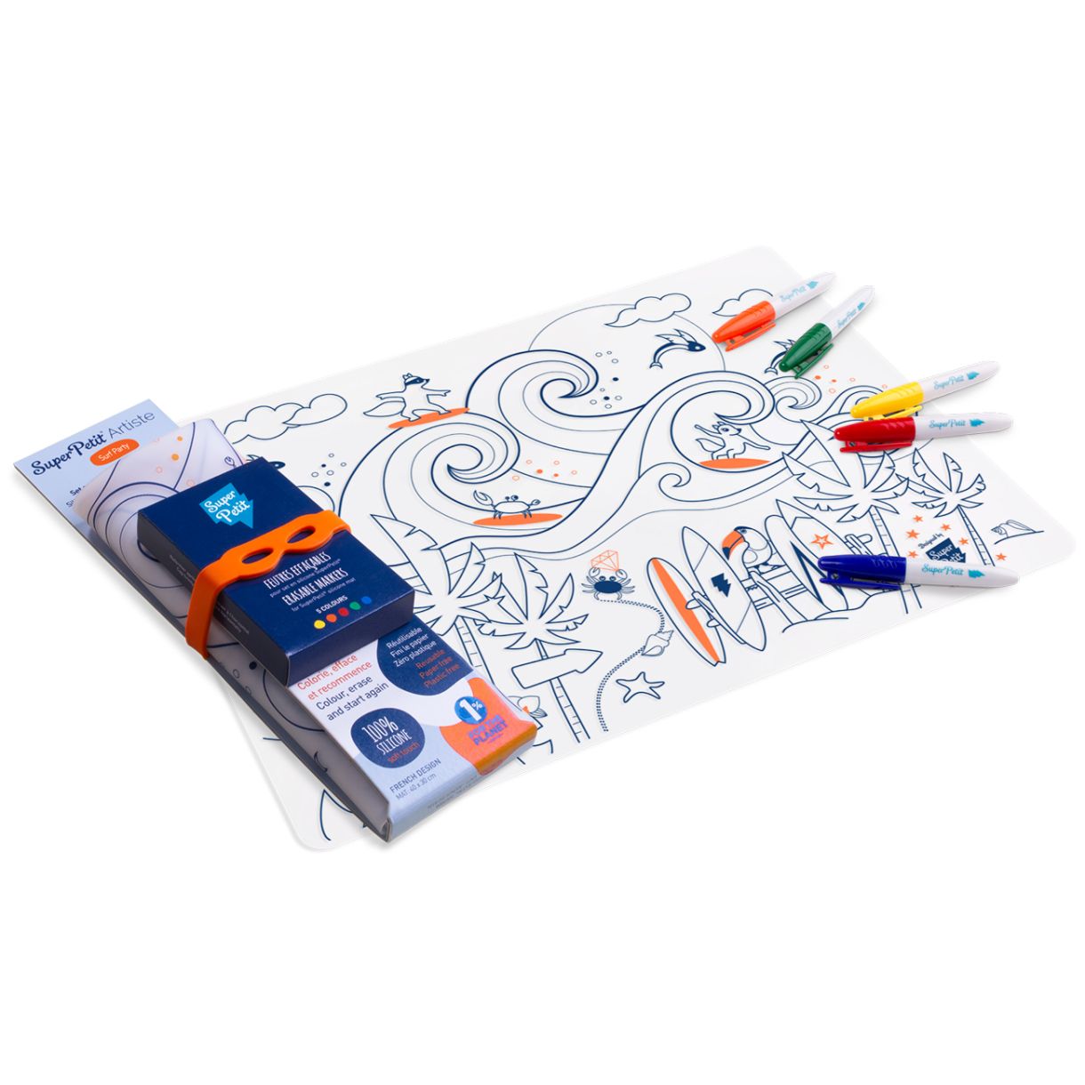 Silicone coloring pad with 5 markers and surf party bracelet