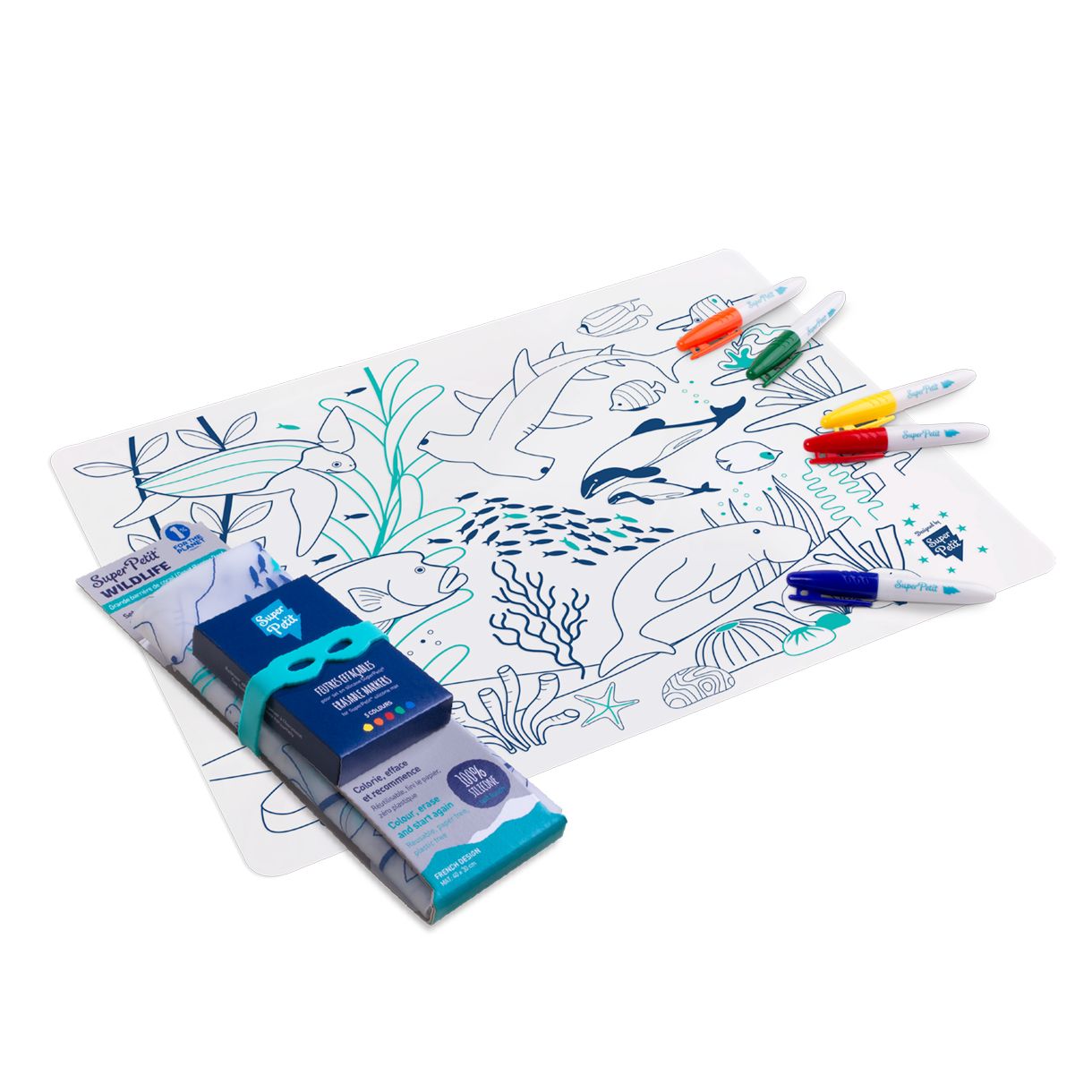 Silicone coloring pad with 5 markers and coral bracelet