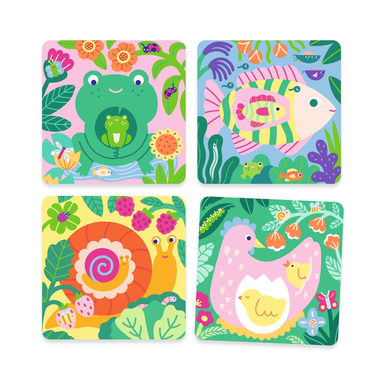 Watercolour pictures garden babies animals Djeco