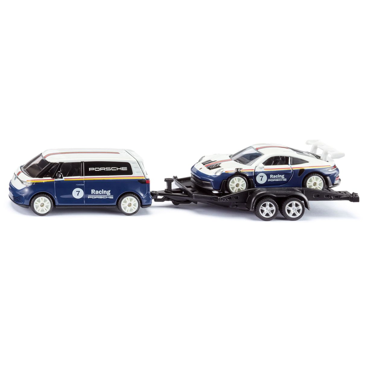 Играчка VW ID. Buzz с ремарке и състезателен автомобил Porsche