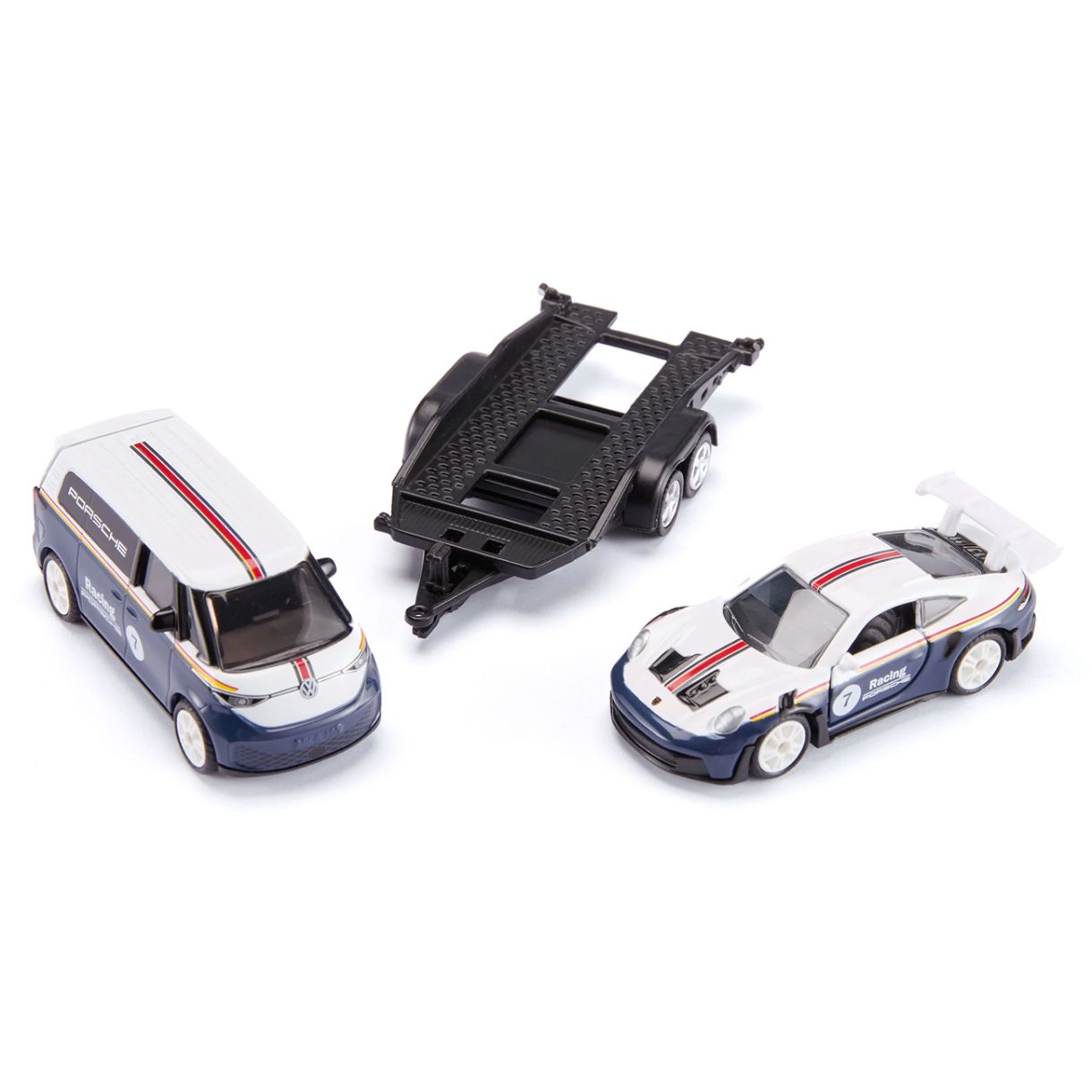 Играчка VW ID. Buzz с ремарке и състезателен автомобил Porsche