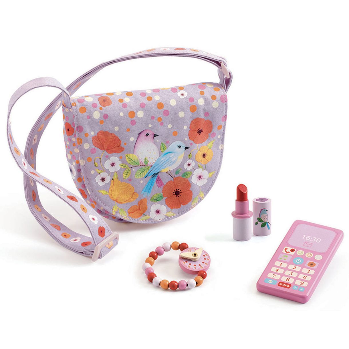 Textile bag with wooden bird accessories
