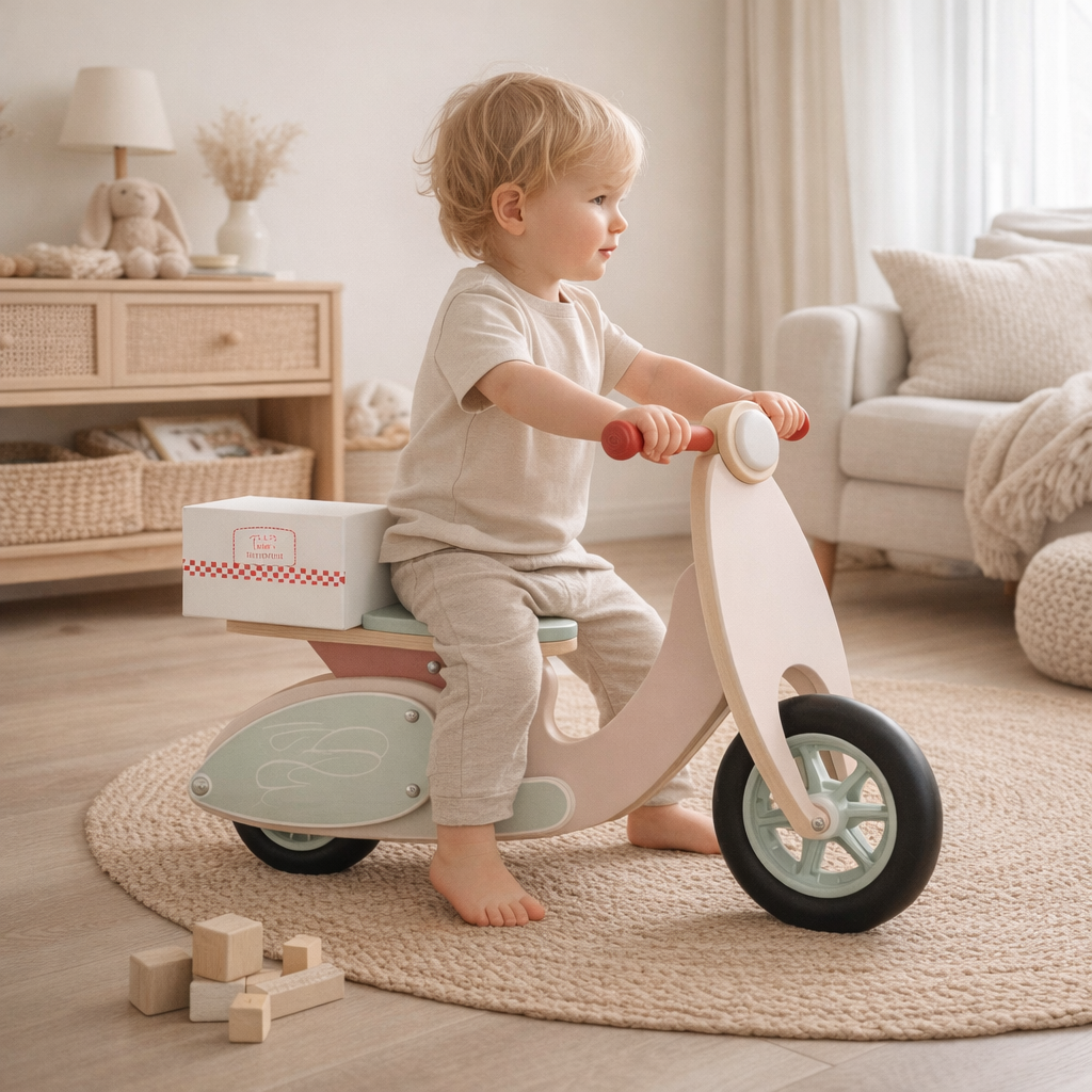 Детско Дървено Баланс Колело GINGER HOME – Мотоциклет с Кутия за Пица, 81×36×52 см
