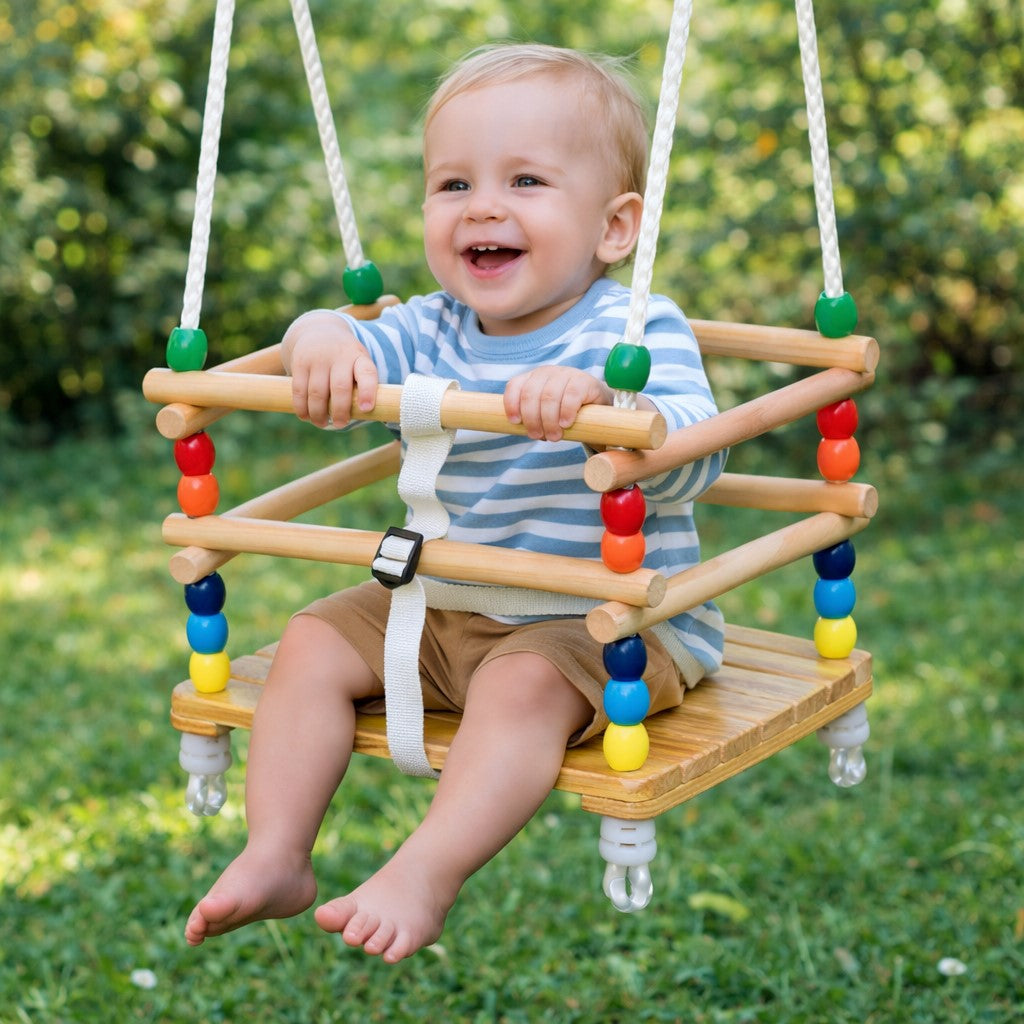 Children's Wooden Swing GINGER HOME with Belt and Sideboards – up to 70 kg, 30×30 cm