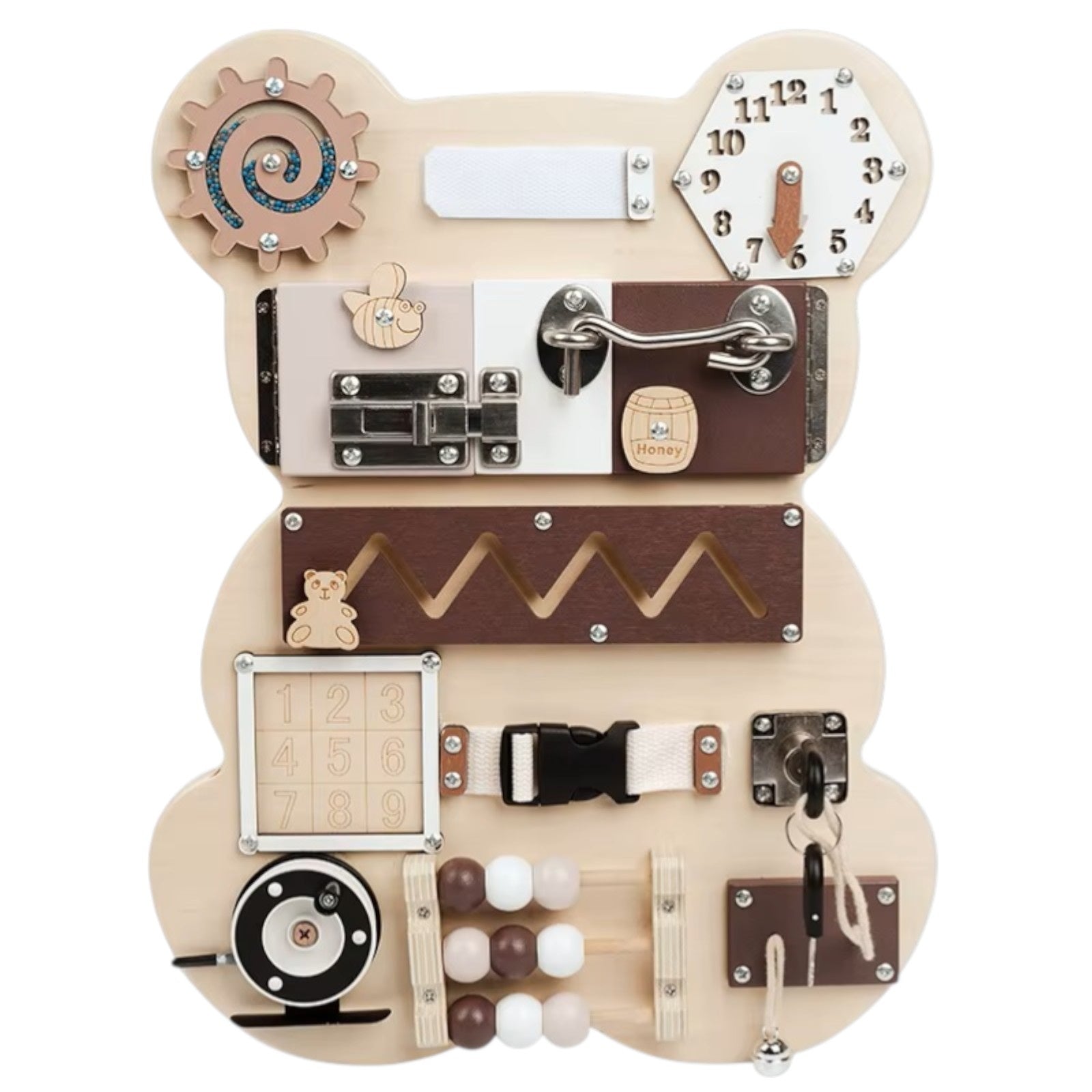 Wooden Busy Board Bear GINGER HOME, Montessori Board for Fine Motor Skills, 30x39 cm