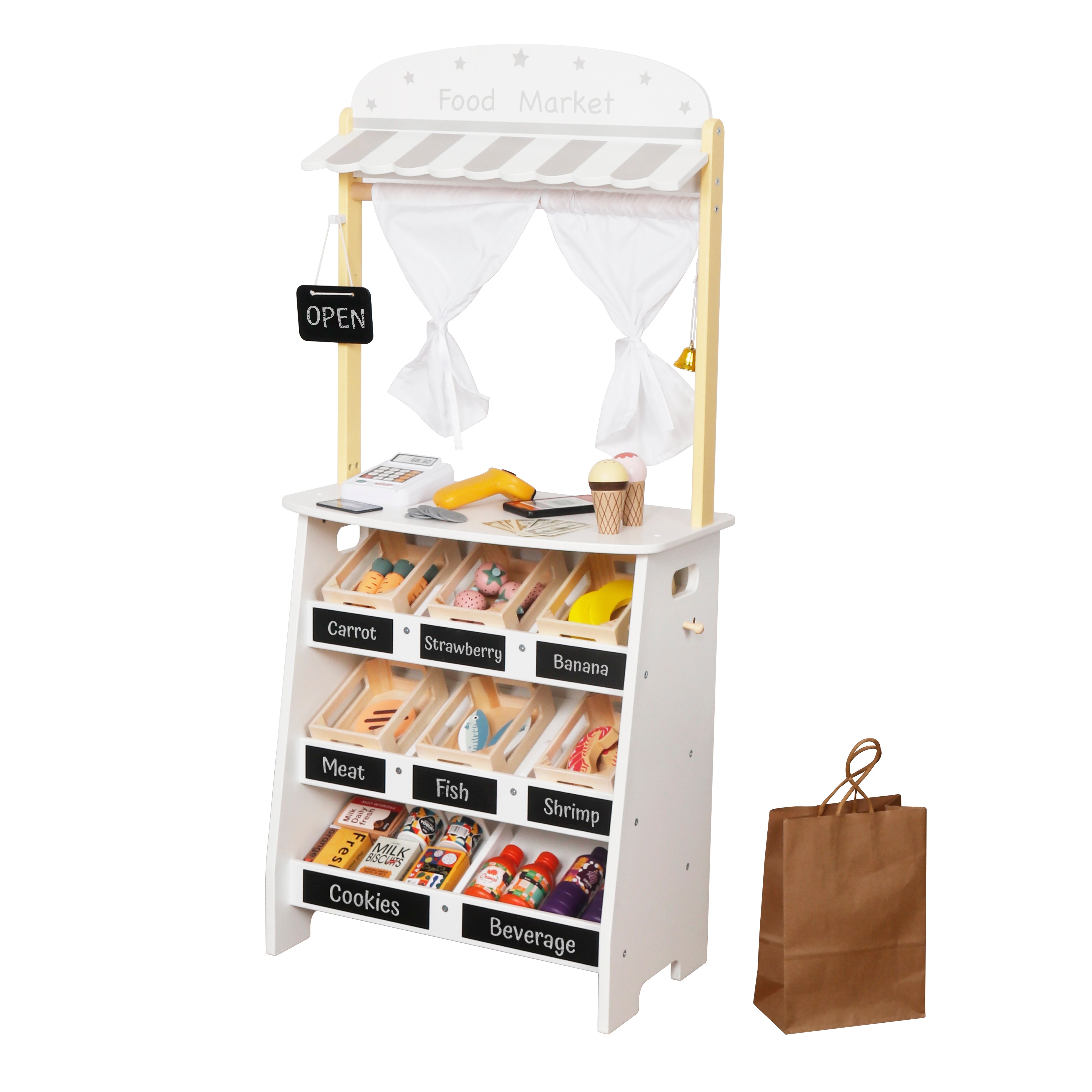 Wooden Children's Store and Theater 2 in 1 GINGER HOME, for Role Playing, with Cash Register, POS Terminal and Scanner with Sound, Toys and Accessories, 45x24x97.5 cm, for Children Over 3 Years Old