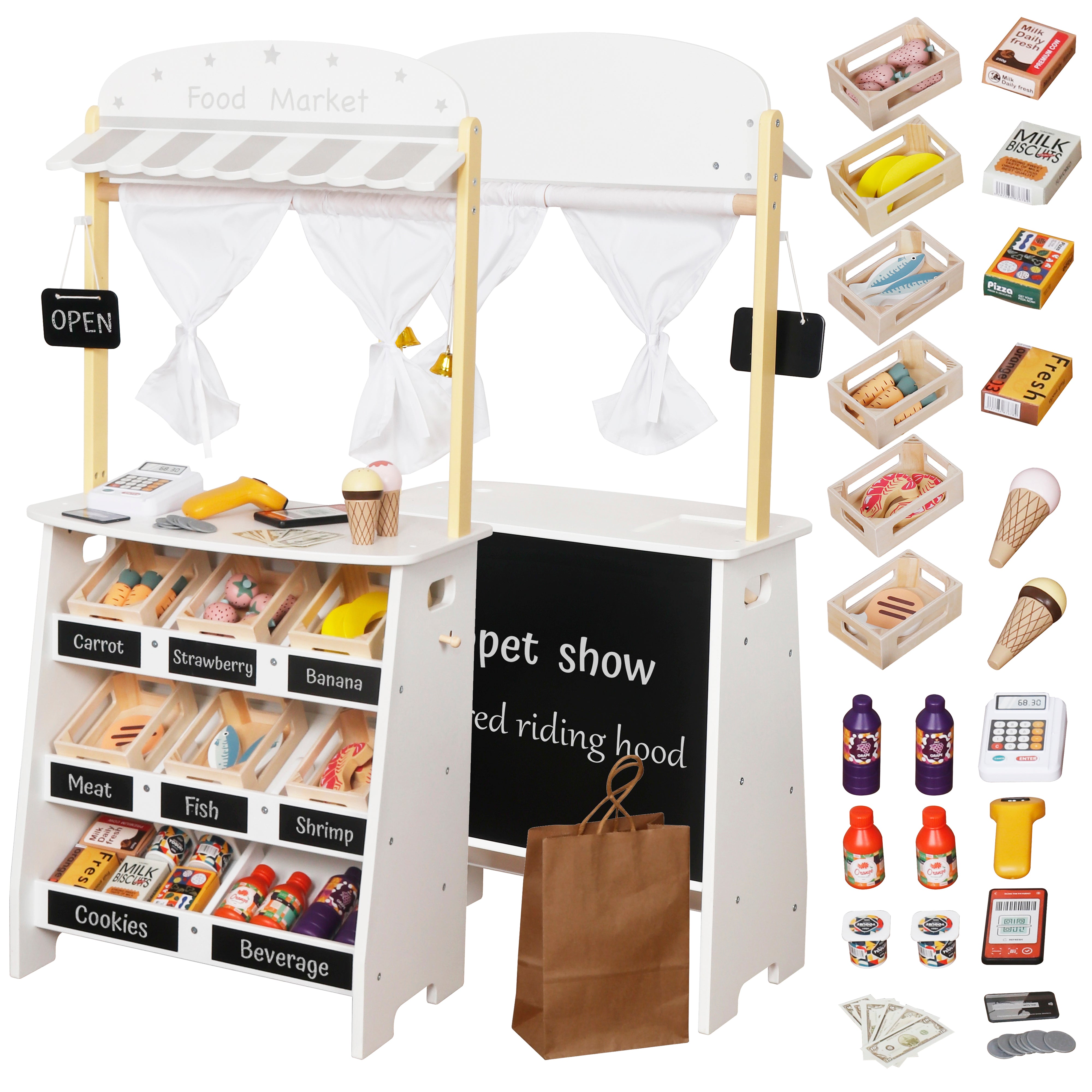 Wooden Children's Store and Theater 2 in 1 GINGER HOME, for Role Playing, with Cash Register, POS Terminal and Scanner with Sound, Toys and Accessories, 45x24x97.5 cm, for Children Over 3 Years Old