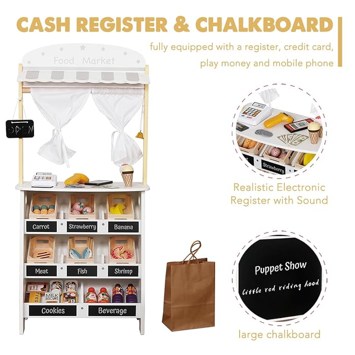 Wooden Children's Store and Theater 2 in 1 GINGER HOME, for Role Playing, with Cash Register, POS Terminal and Scanner with Sound, Toys and Accessories, 45x24x97.5 cm, for Children Over 3 Years Old