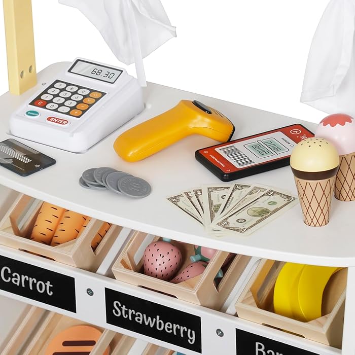 Wooden Children's Store and Theater 2 in 1 GINGER HOME, for Role Playing, with Cash Register, POS Terminal and Scanner with Sound, Toys and Accessories, 45x24x97.5 cm, for Children Over 3 Years Old