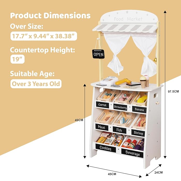 Wooden Children's Store and Theater 2 in 1 GINGER HOME, for Role Playing, with Cash Register, POS Terminal and Scanner with Sound, Toys and Accessories, 45x24x97.5 cm, for Children Over 3 Years Old