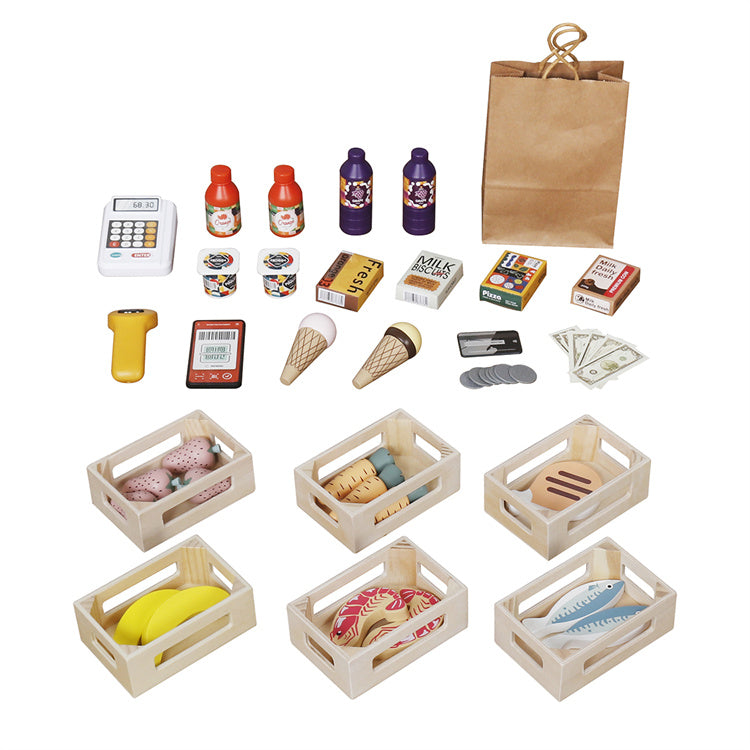 Wooden Children's Store and Theater 2 in 1 GINGER HOME, for Role Playing, with Cash Register, POS Terminal and Scanner with Sound, Toys and Accessories, 45x24x97.5 cm, for Children Over 3 Years Old
